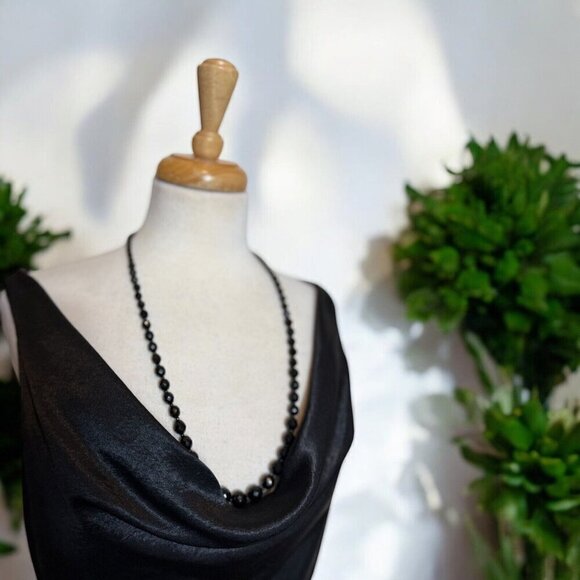 Vintage Jewelry - Vintage Jet Black Faceted Glass Beaded 30" Necklace 1970s